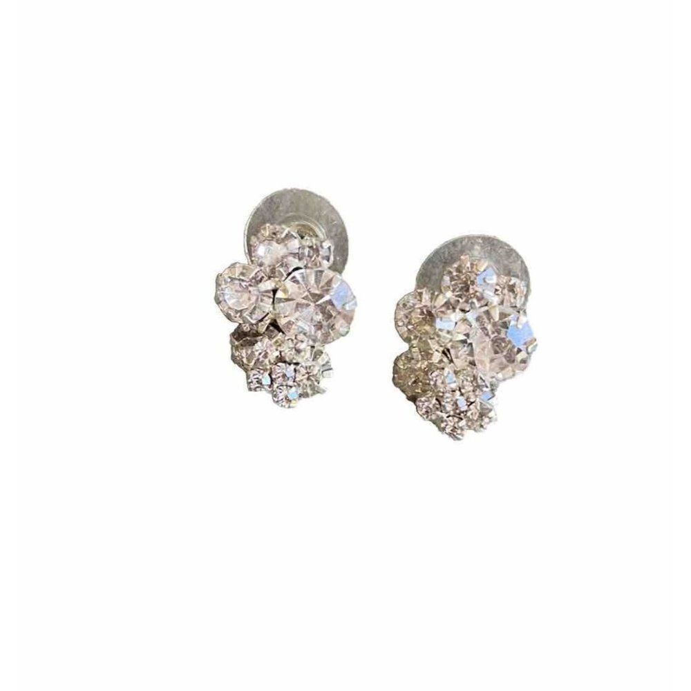 Vintage Earrings Cluster Rhinestone Silver Tone Floral Estate Pierced